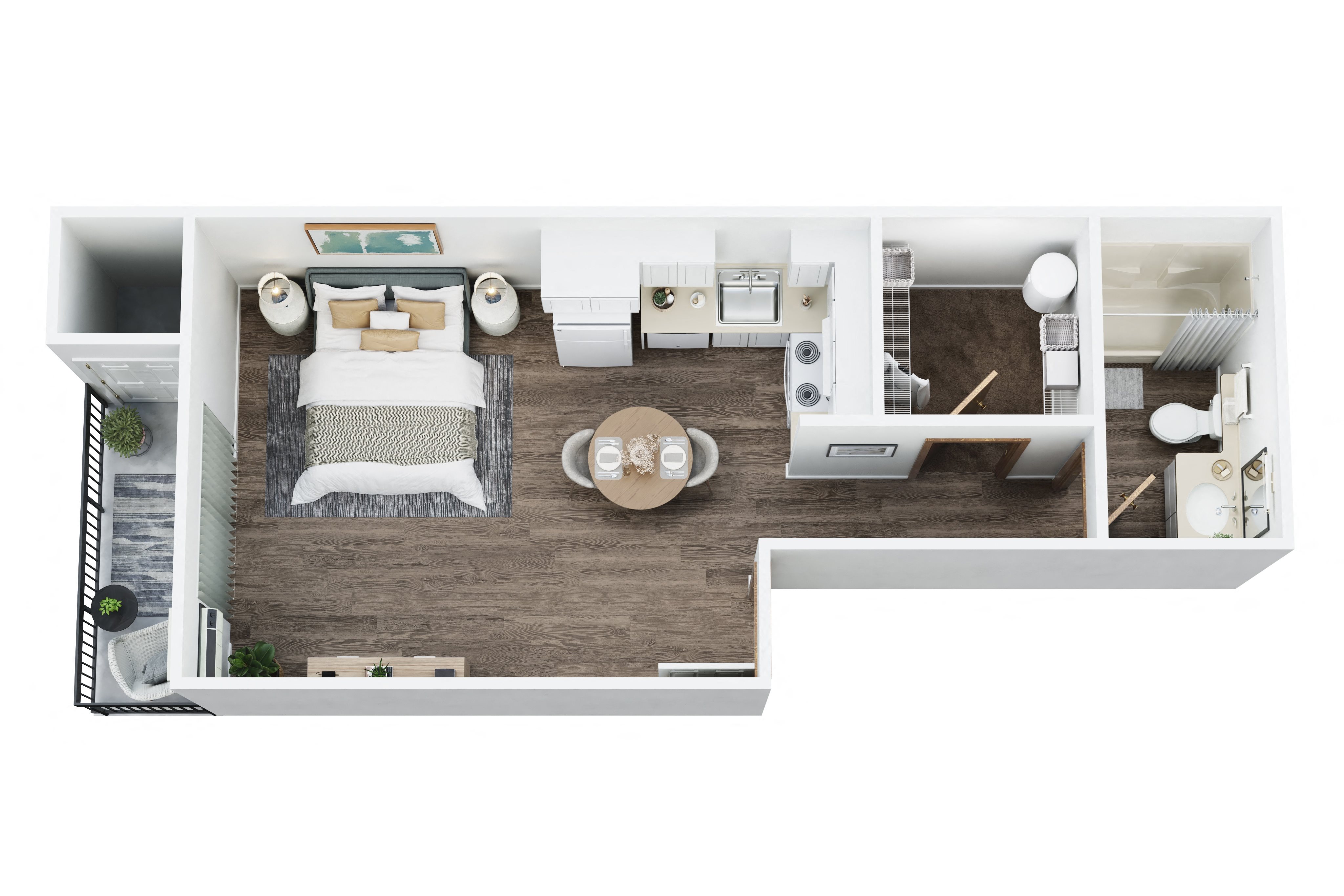 A top-down view of a bedroom with a bed, nightstand, and a small table with chairs.